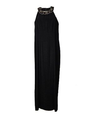 Vintage De Laru Black Beaded Halter Gown High Slit V Back Sz 7/8